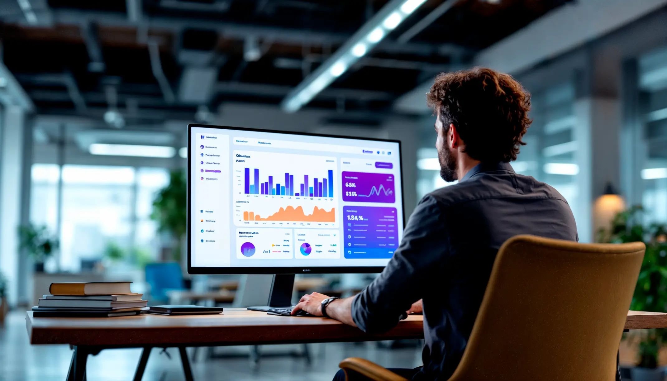 man is working computer with graph screen - web development and SEO Auckland